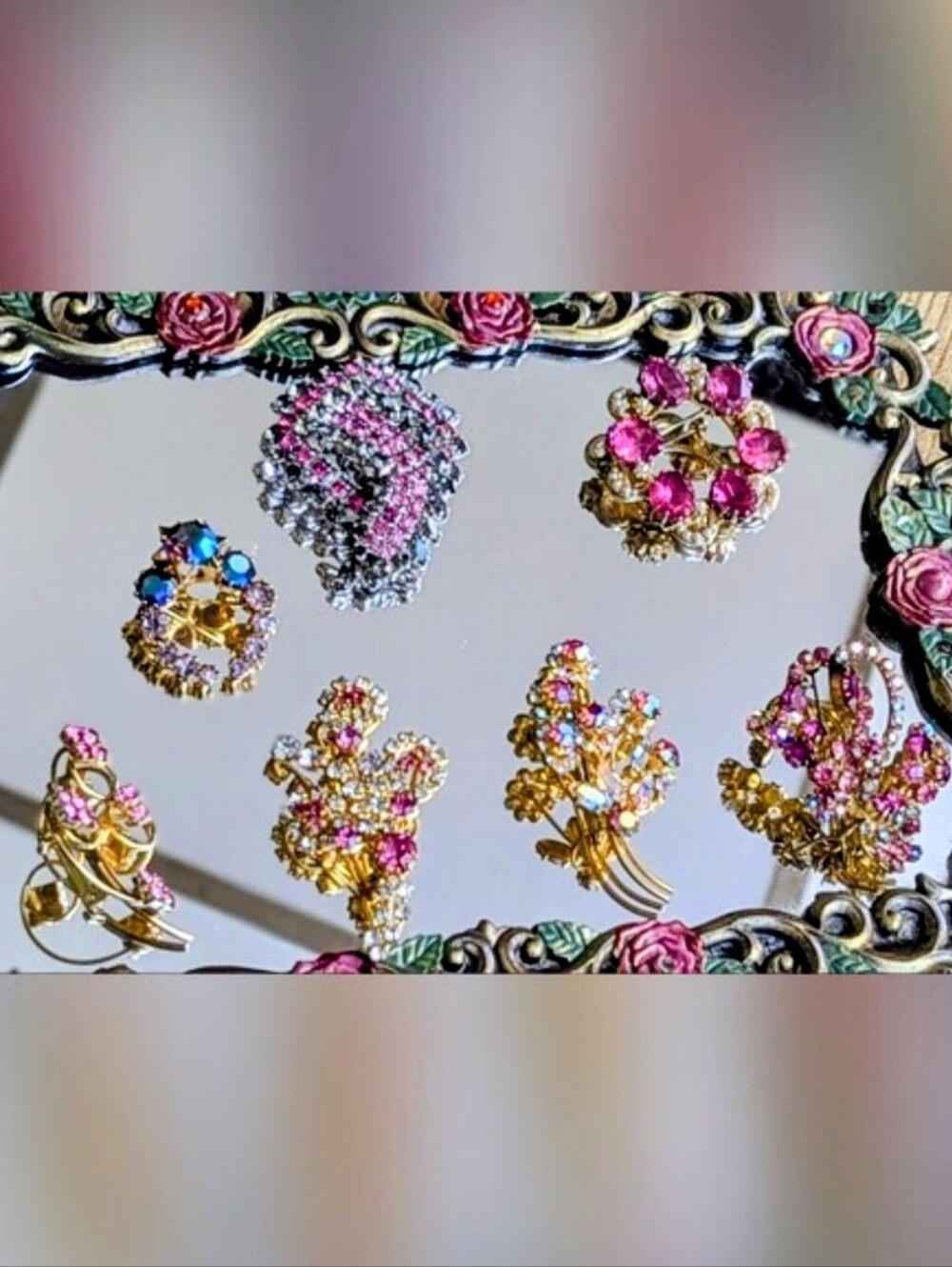Vintage  Pink Crystal Floral Brooch - Gold Tone